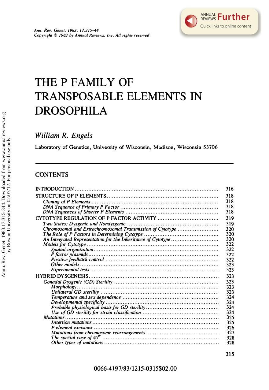 The P Family of Transposable Elements in Drosophila by W R Engels