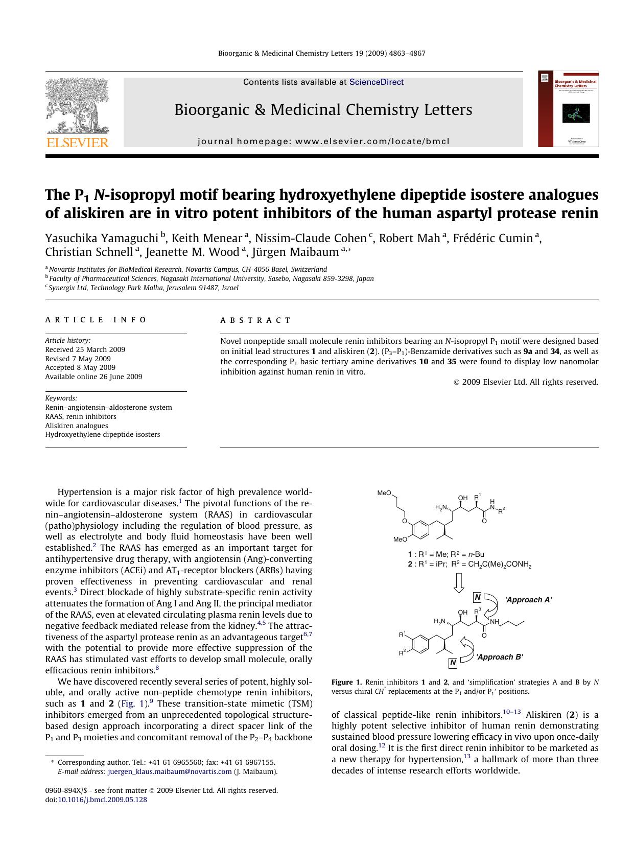 The P1 N-isopropyl motif bearing hydroxyethylene dipeptide isostere analogues of aliskiren are in vitro potent inhibitors of the human aspartyl protease renin by unknow