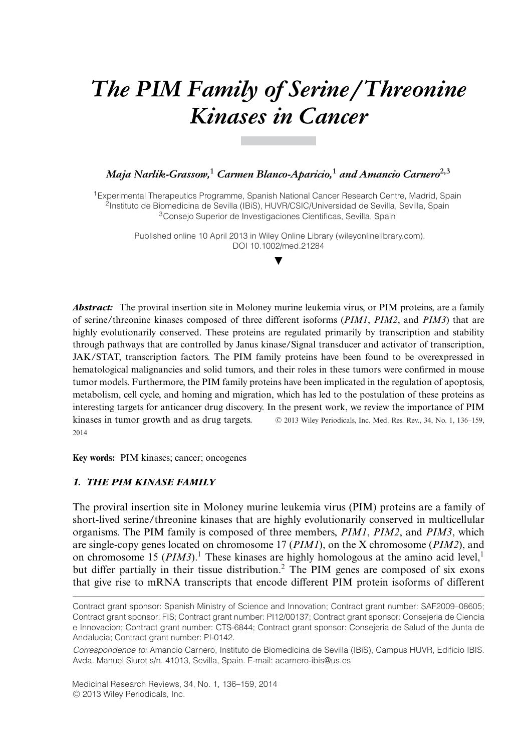 The PIM Family of Serine&#x0002F;Threonine Kinases in Cancer by Unknown