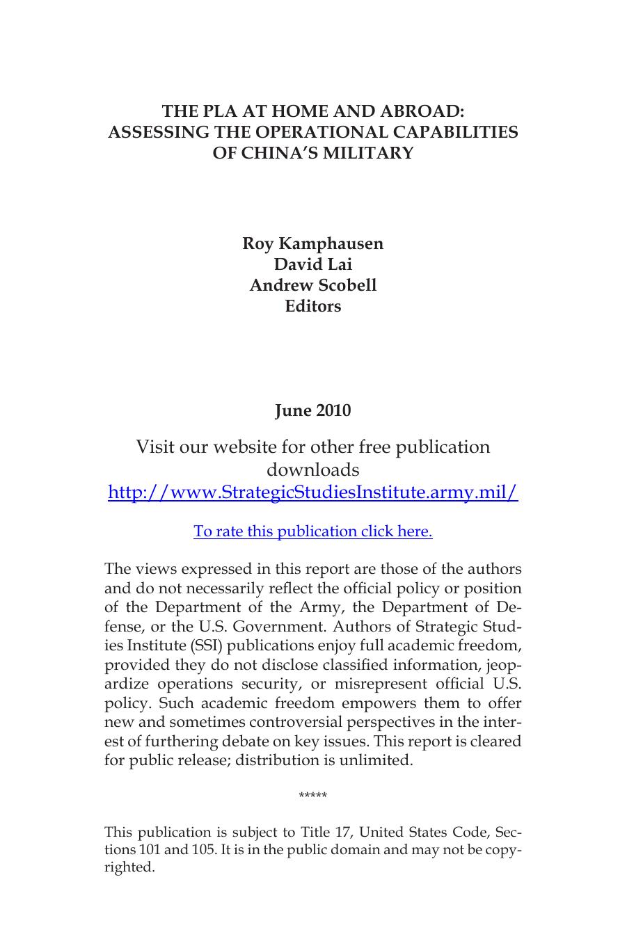 The PLA at Home and Abroad: Assessing the Operational Capabilities of China's Military by Roy Kamphausen David Lai Andrew Scobell