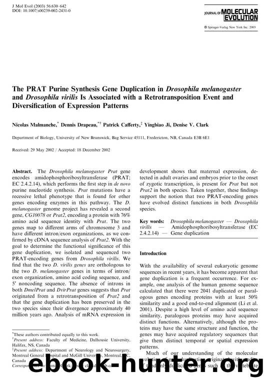 The PRAT Purine Synthesis Gene Duplication in Drosophila melanogaster and Drosophila virilis Is Associated with a Retrotransposition Event and Diversification of Expression Patterns by Malmanche N. et al