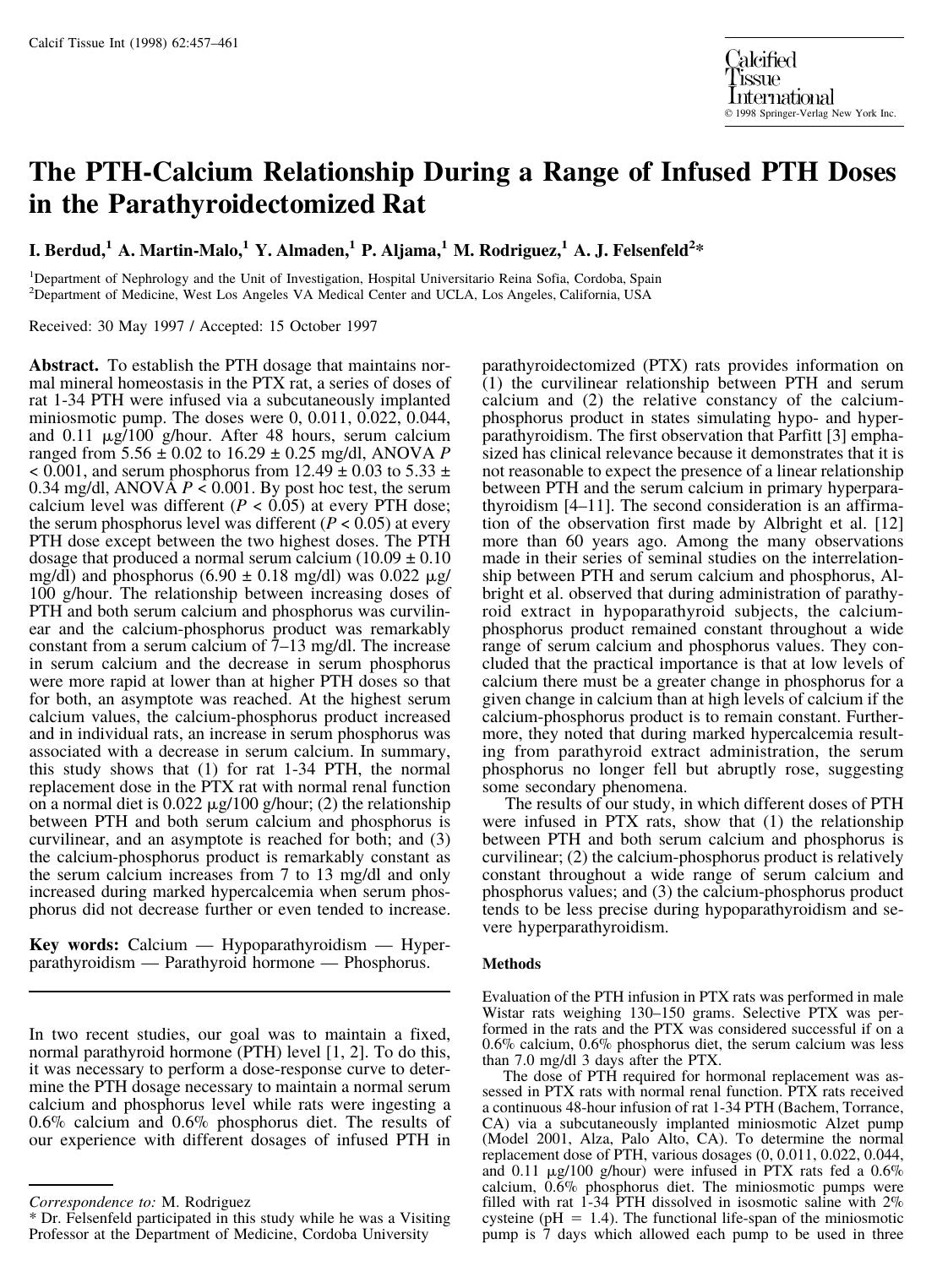 The PTH-Calcium Relationship During a Range of Infused PTH Doses in the Parathyroidectomized Rat by Berdud I. et al