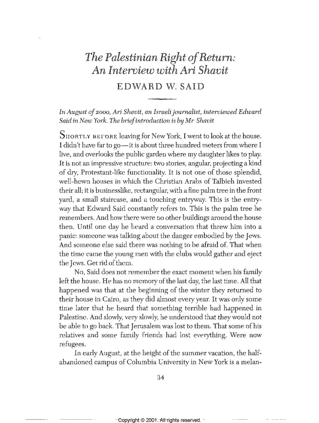 The Palestinian Right of Return: An Interview with Ari Shavit. by Unknown