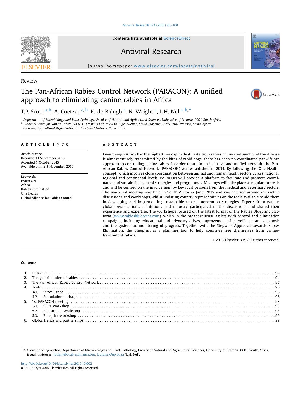 The Pan-African Rabies Control Network (PARACON): A unified approach to eliminating canine rabies in Africa by T.P. Scott & A. Coetzer & K. de Balogh & N. Wright & L.H. Nel