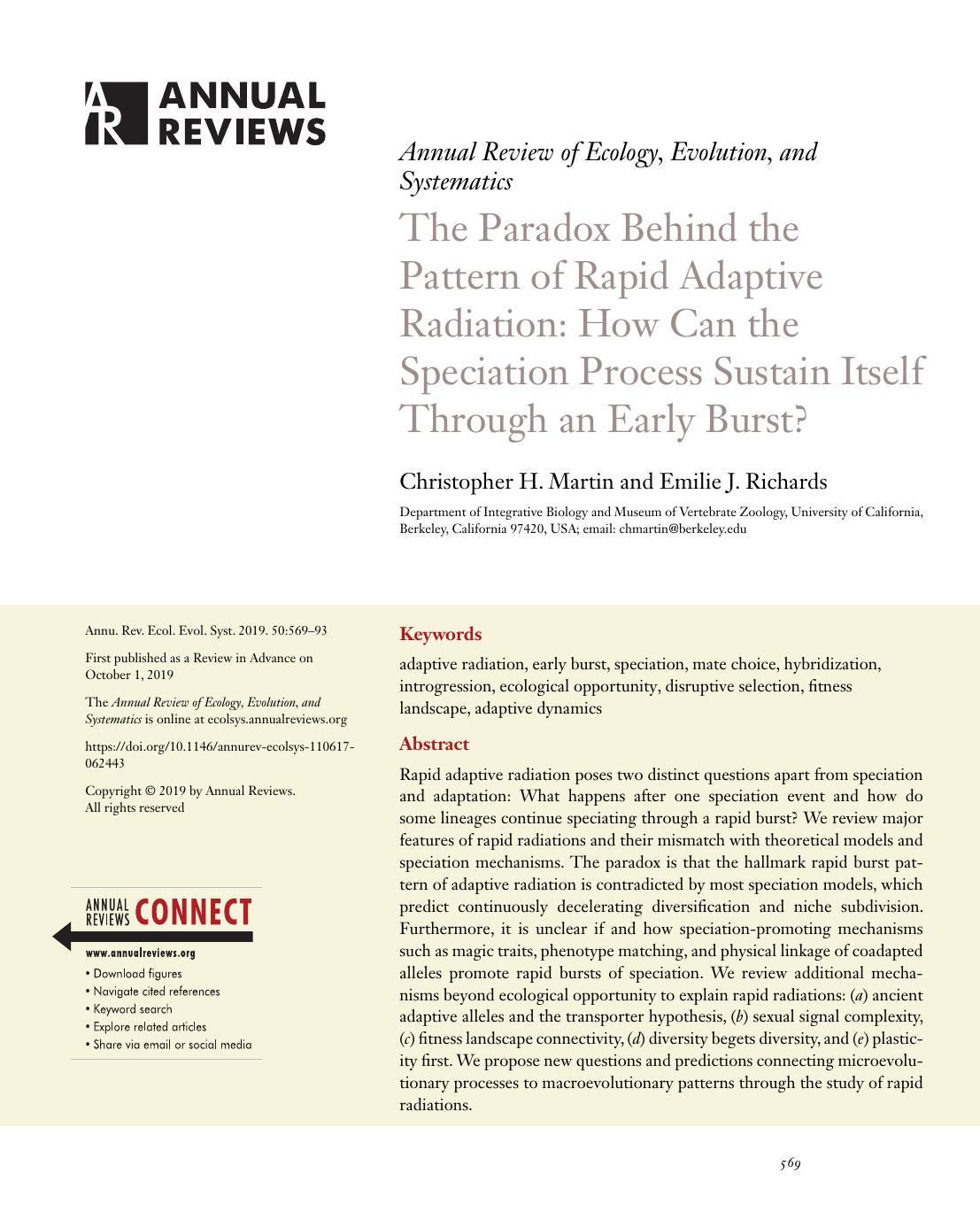 The Paradox Behind the Pattern of Rapid Adaptive Radiation: How Can the Speciation Process Sustain Itself Through an Early Burst? by Christopher H. Martin and Emilie J. Richards