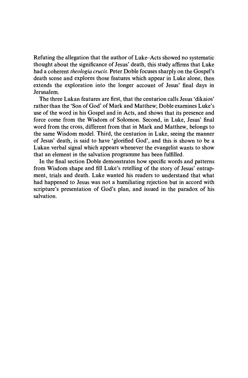 The Paradox of Salvation: Luke's Theology of the Cross (Society for New Testament Studies Monograph Series) by Peter Doble