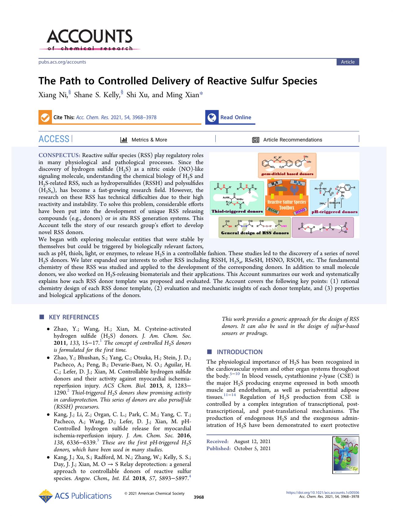 The Path to Controlled Delivery of Reactive Sulfur Species by Xiang Ni Shane S. Kelly Shi Xu and Ming Xian