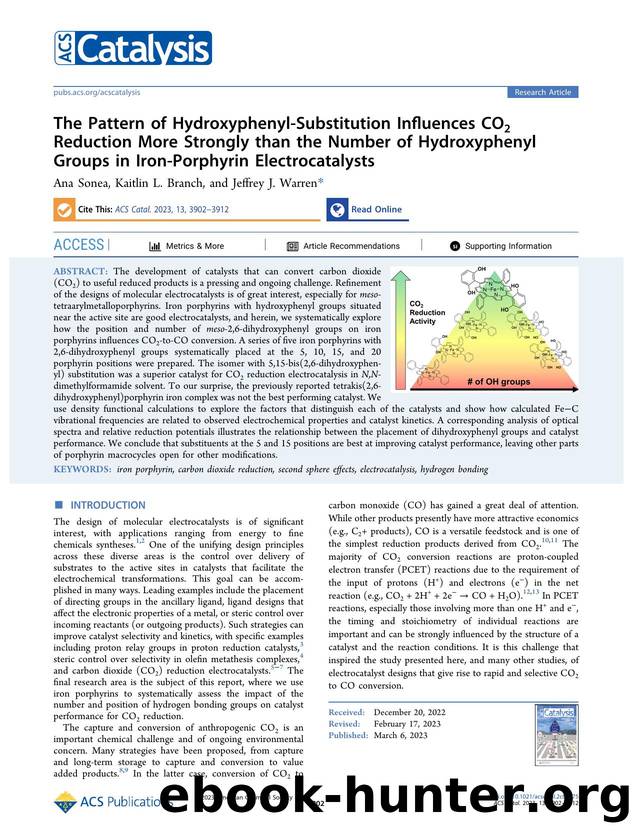 The Pattern of Hydroxyphenyl-Substitution Influences CO2 Reduction More Strongly than the Number of Hydroxyphenyl Groups in Iron-Porphyrin Electrocatalysts by Ana Sonea Kaitlin L. Branch and Jeffrey J. Warren