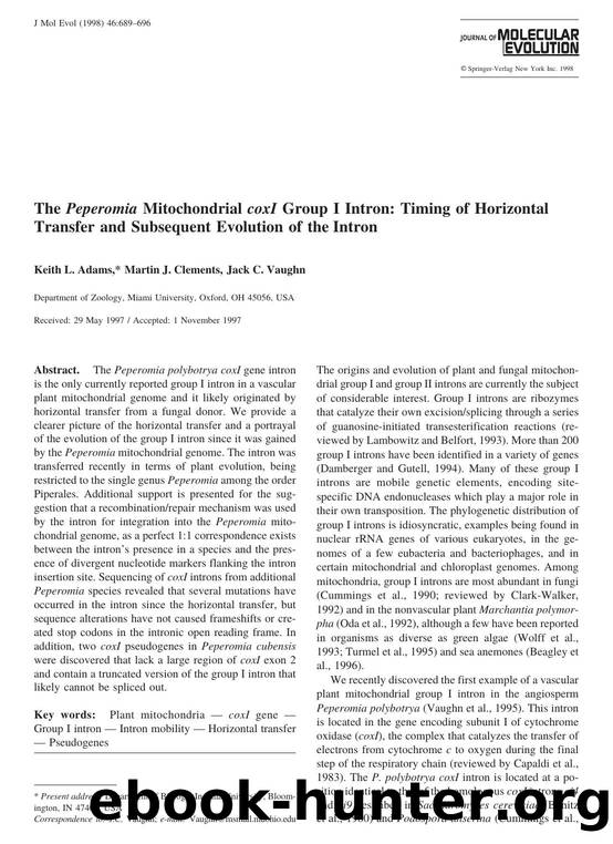 The Peperomia Mitochondrial coxI Group I Intron: Timing of Horizontal Transfer and Subsequent Evolution of the Intron by Adams K. et al