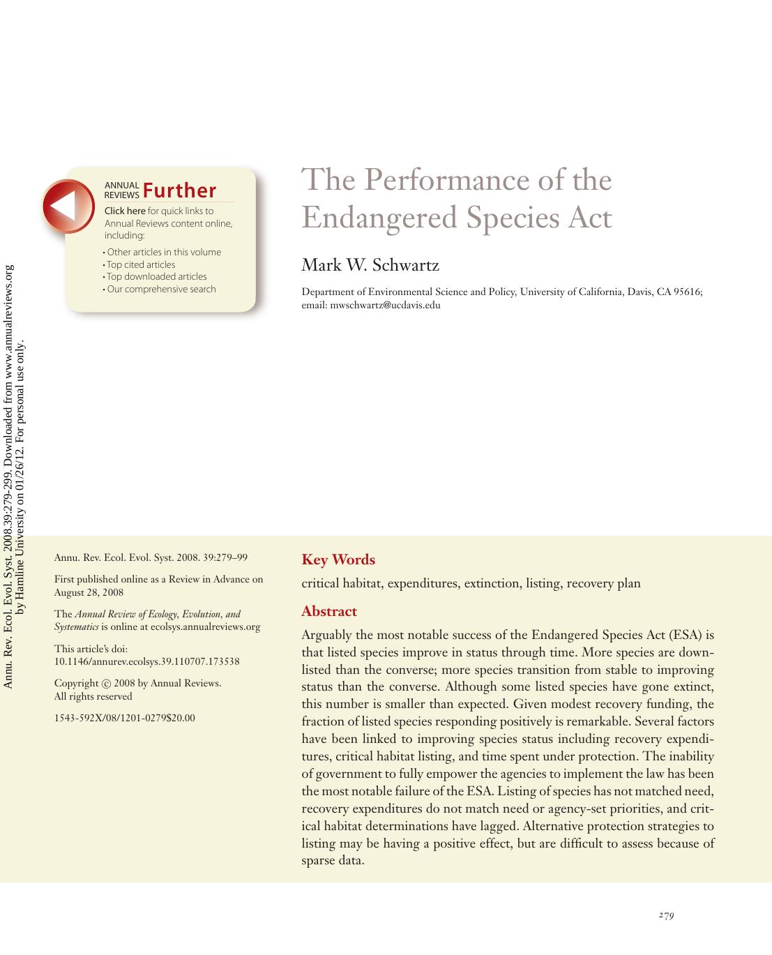 The Performance of the Endangered Species Act by Mark W. Schwartz