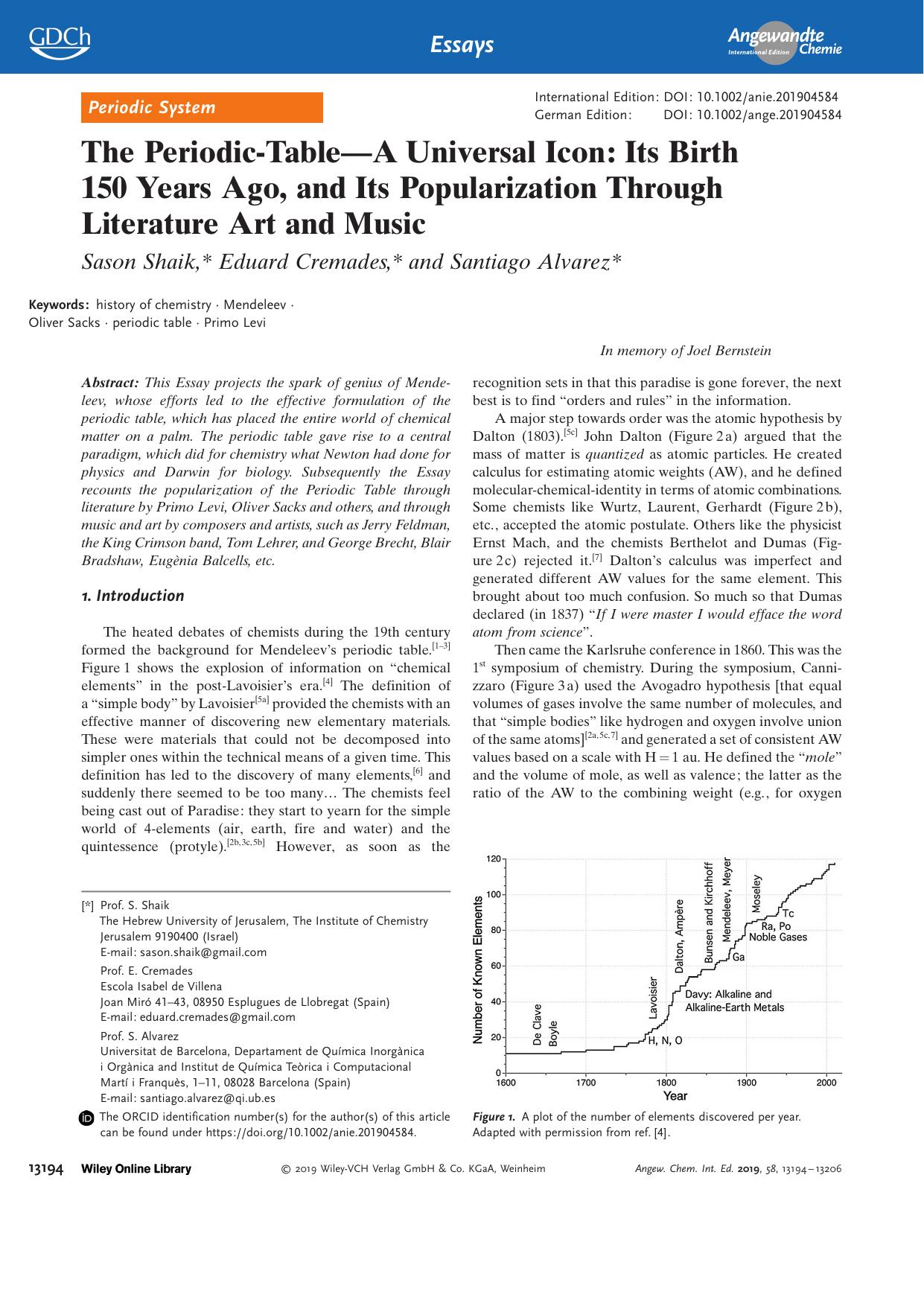 The PeriodicâTableâA Universal Icon: Its Birth 150âYears Ago, and Its Popularization Through Literature Art and Music by Unknown