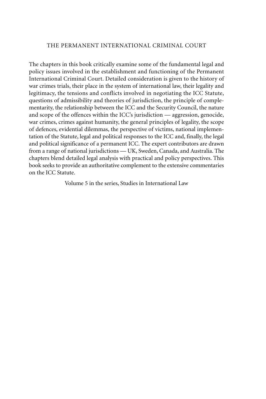 The Permanent International Criminal Court: Legal and Policy Issues (Studies in International Law) by Dominic McGoldrick Peter Rowe Eric Donnelly