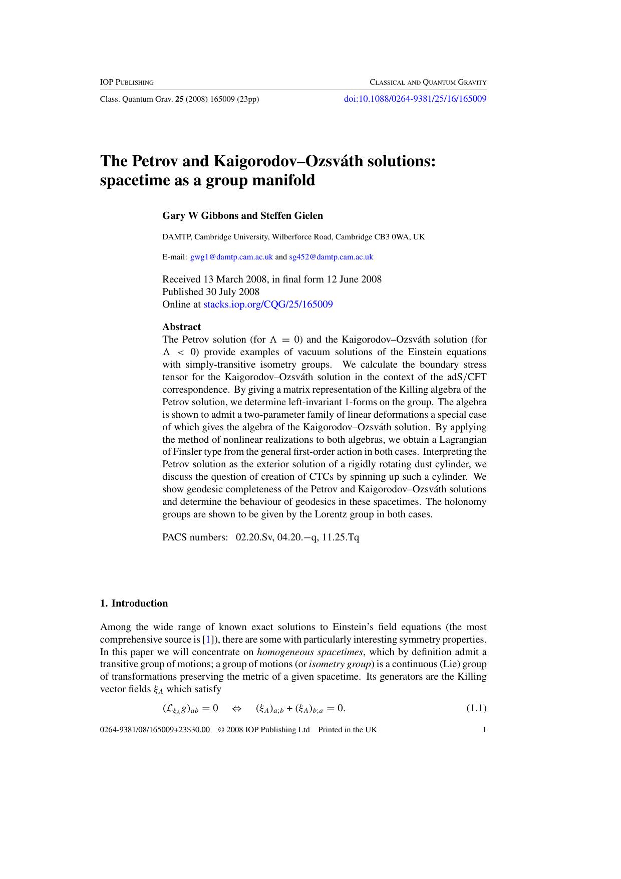 The Petrov and Kaigorodov--OzsvÃ¡th solutions: spacetime as a group manifold by G W Gibbons and S Gielen