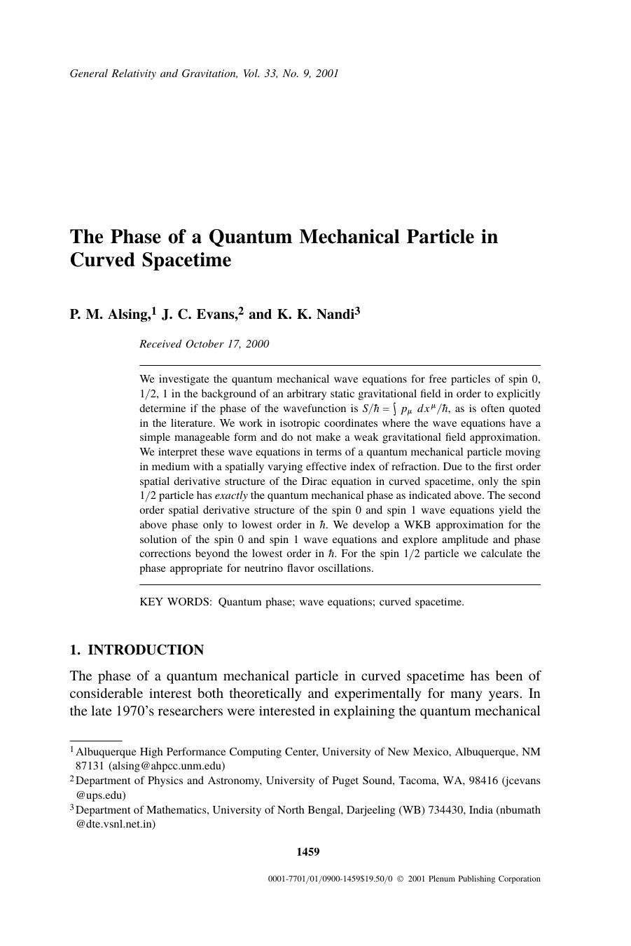 The Phase of a Quantum Mechanical Particle in Curved Spacetime by Unknown