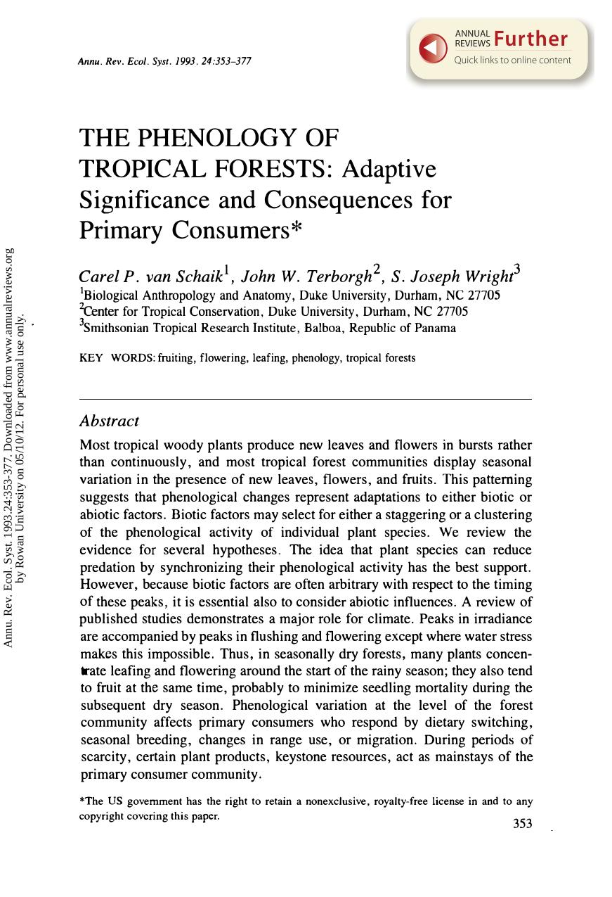 The Phenology of Tropical Forests: Adaptive Significance and Consequences for Primary Consumers by C P van Schaik J W Terborgh and & S J Wright