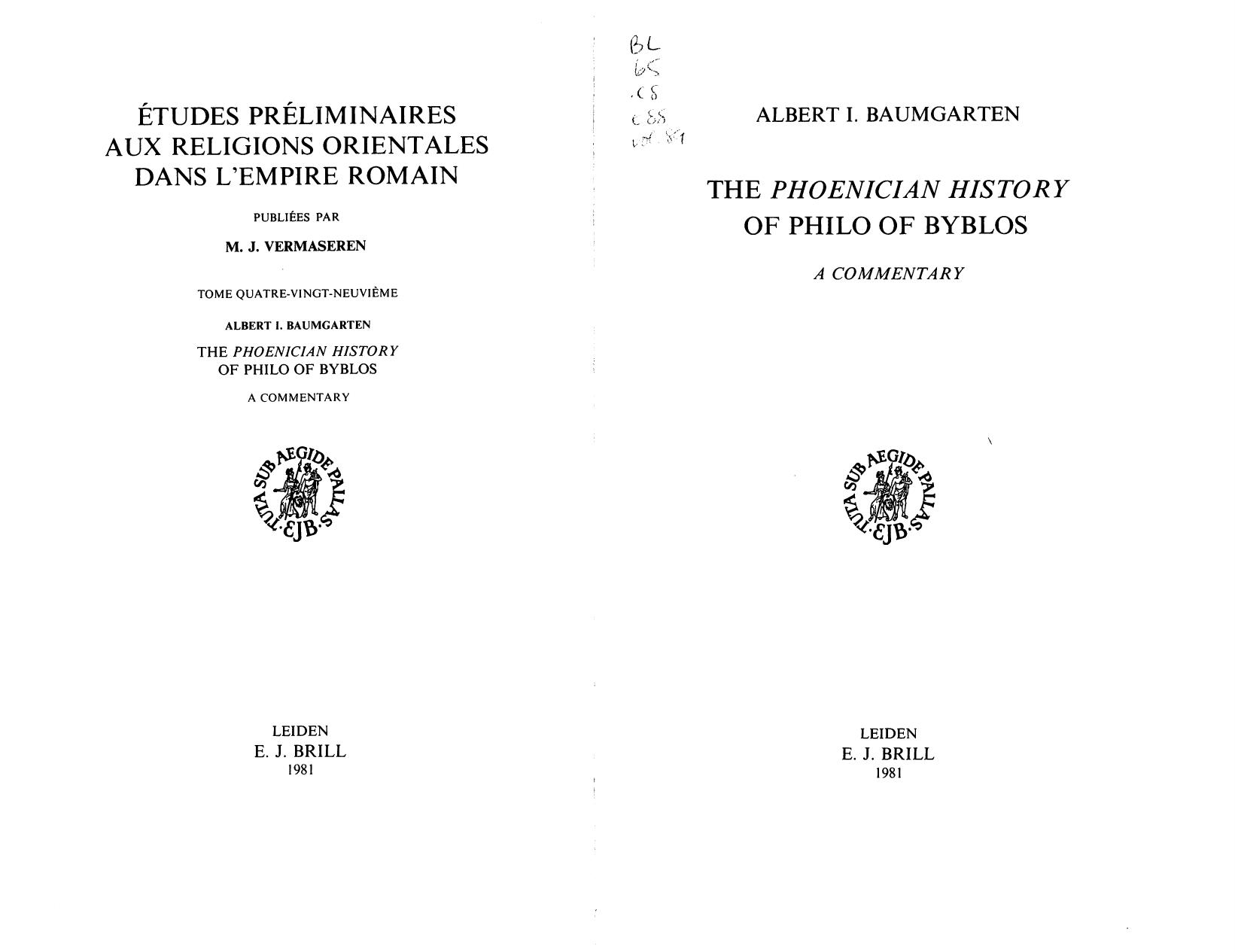 The Phoenician History of Philo of Bybios: A Commentary by Albert I. Baumgarten
