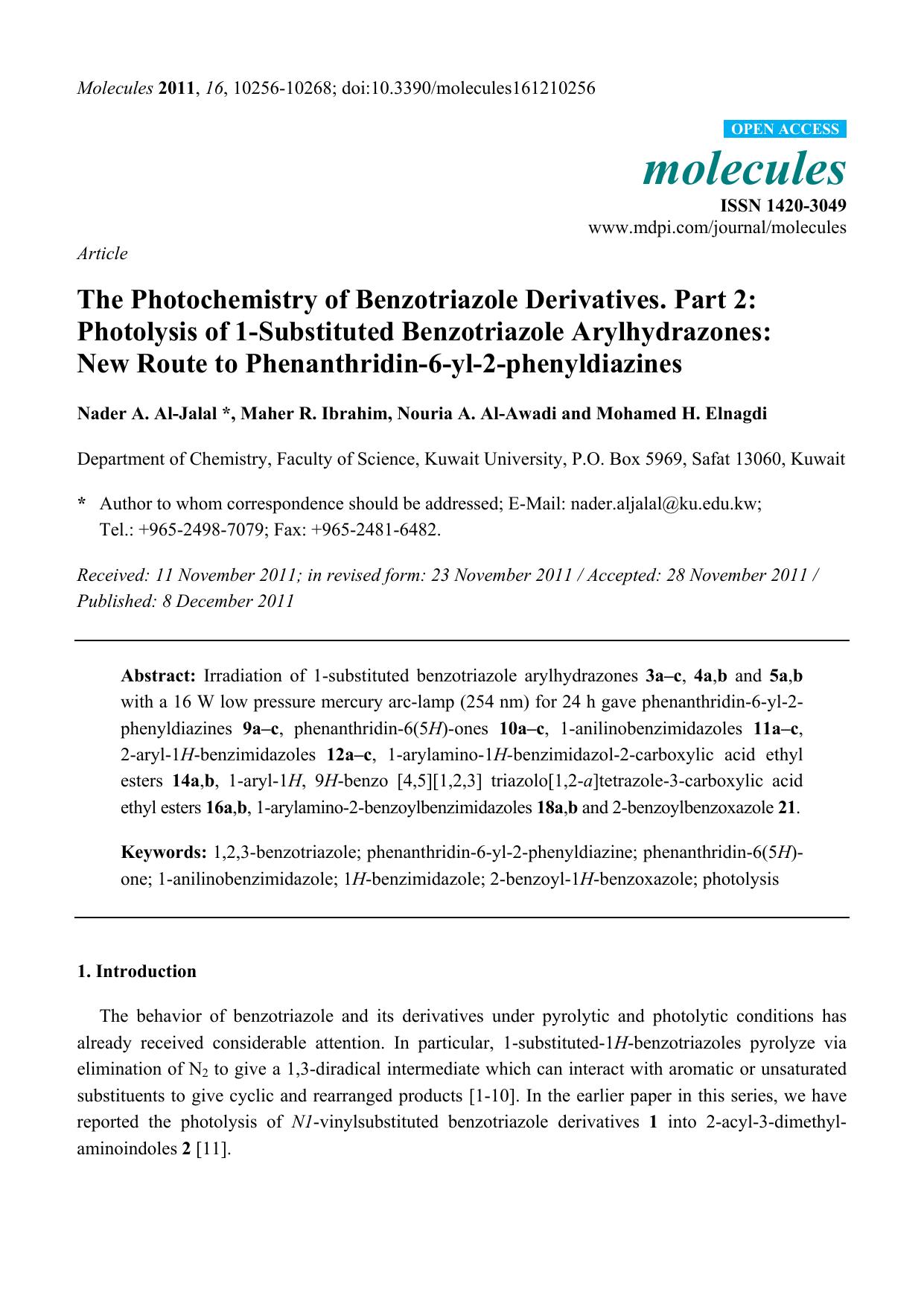 The Photochemistry of Benzotriazole Derivatives. Part 2: Photolysis of 1-Substituted Benzotriazole Arylhydrazones: New Route to Phenanthridin-6-yl-2-phenyldiazines by Nader A. Al-Jalal & Maher R. Ibrahim & Nouria A. Al-Awadi and Mohamed H. Elnagdi
