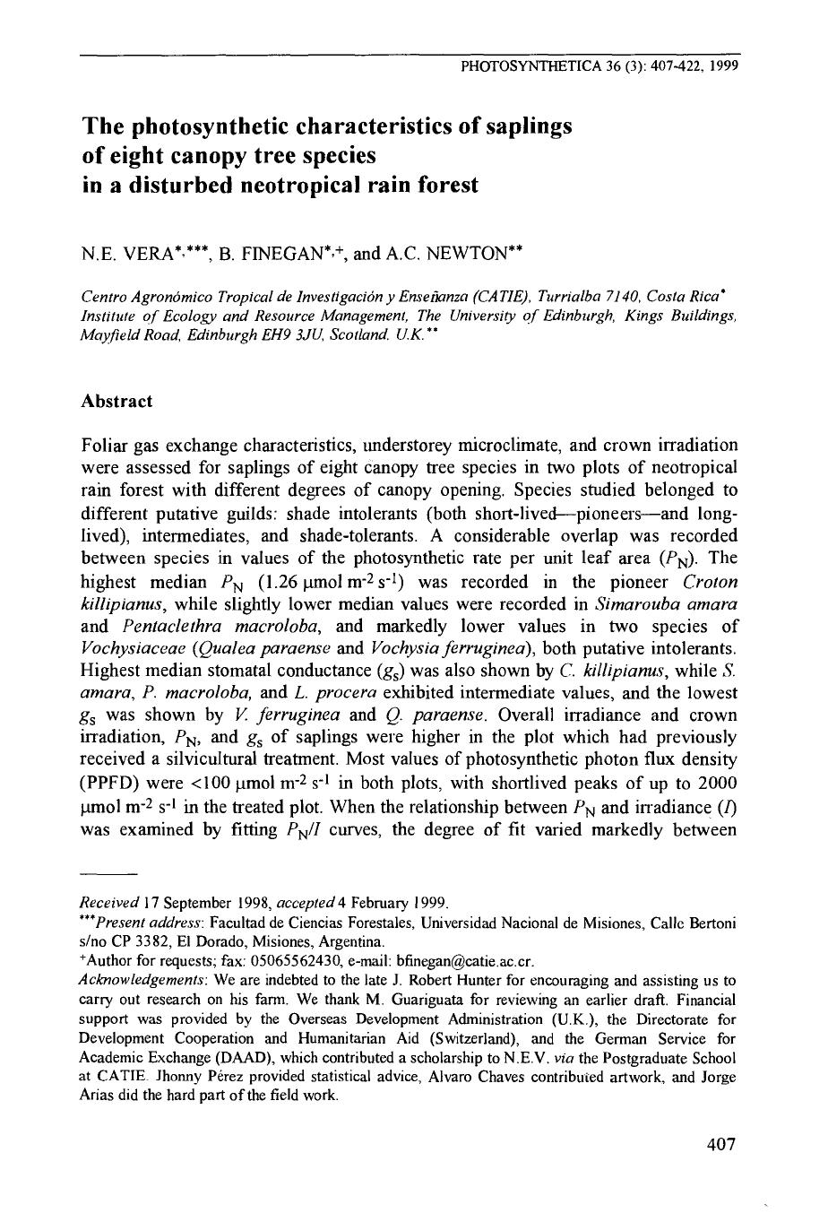 The Photosynthetic Characteristics of Saplings of Eight Canopy Tree Species in a Disturbed Neotropical Rain Forest by Unknown