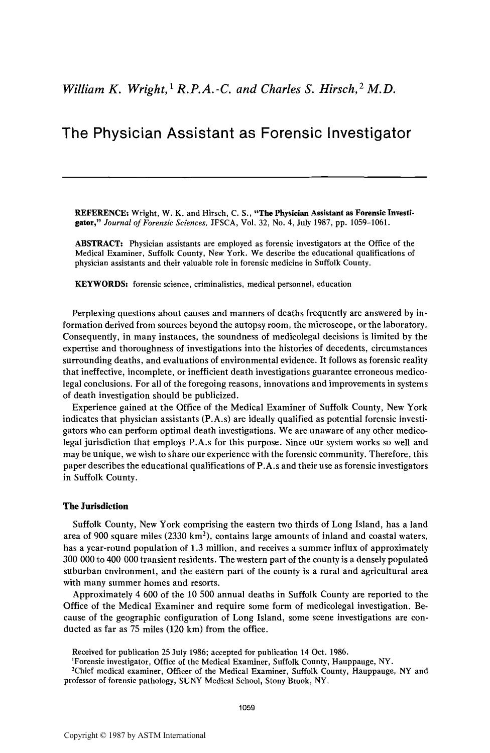 The Physician Assistant as Forensic Investigator by Wright WK Hirsch CS