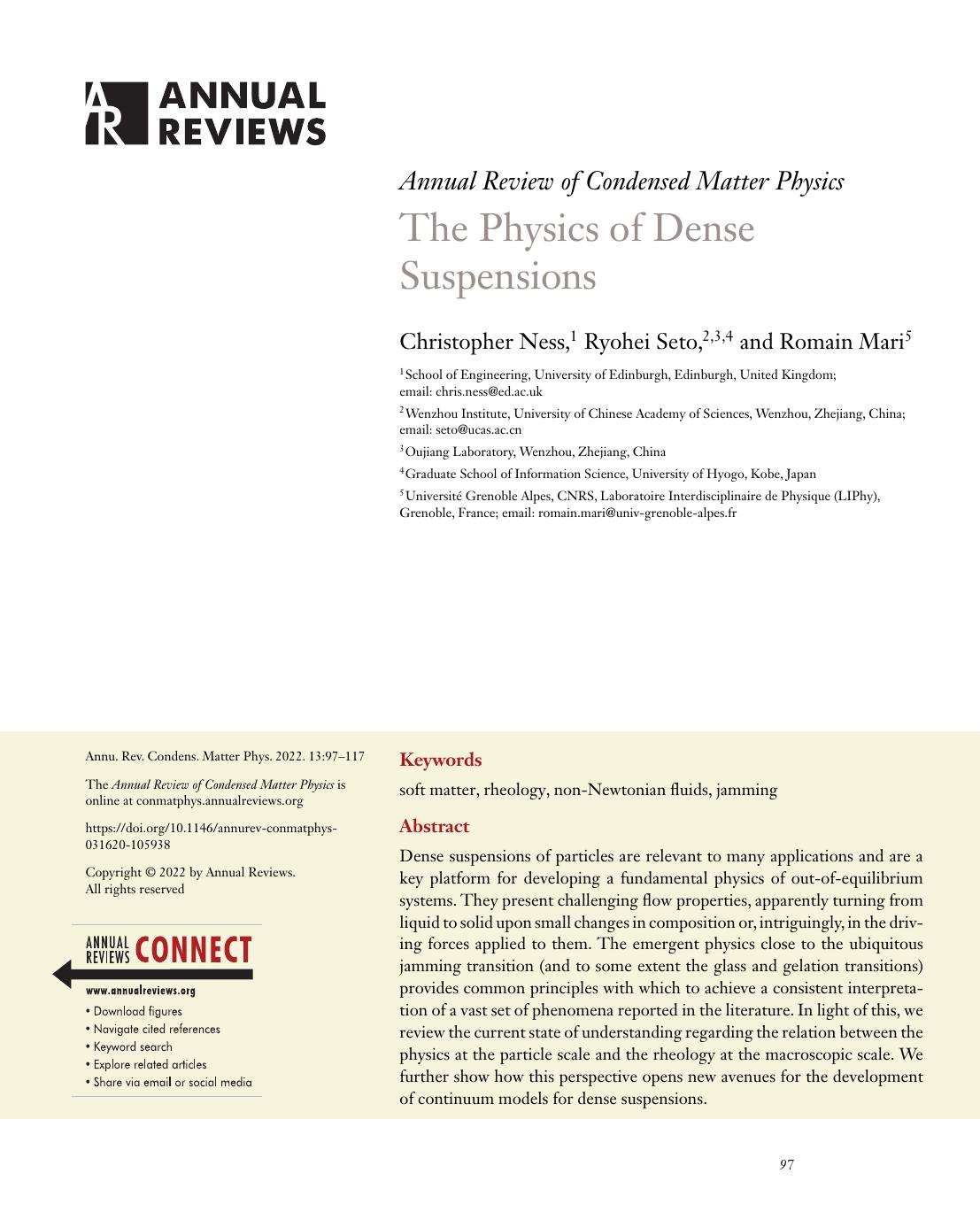 The Physics of Dense Suspensions by Christopher Ness Ryohei Seto Romain Mari