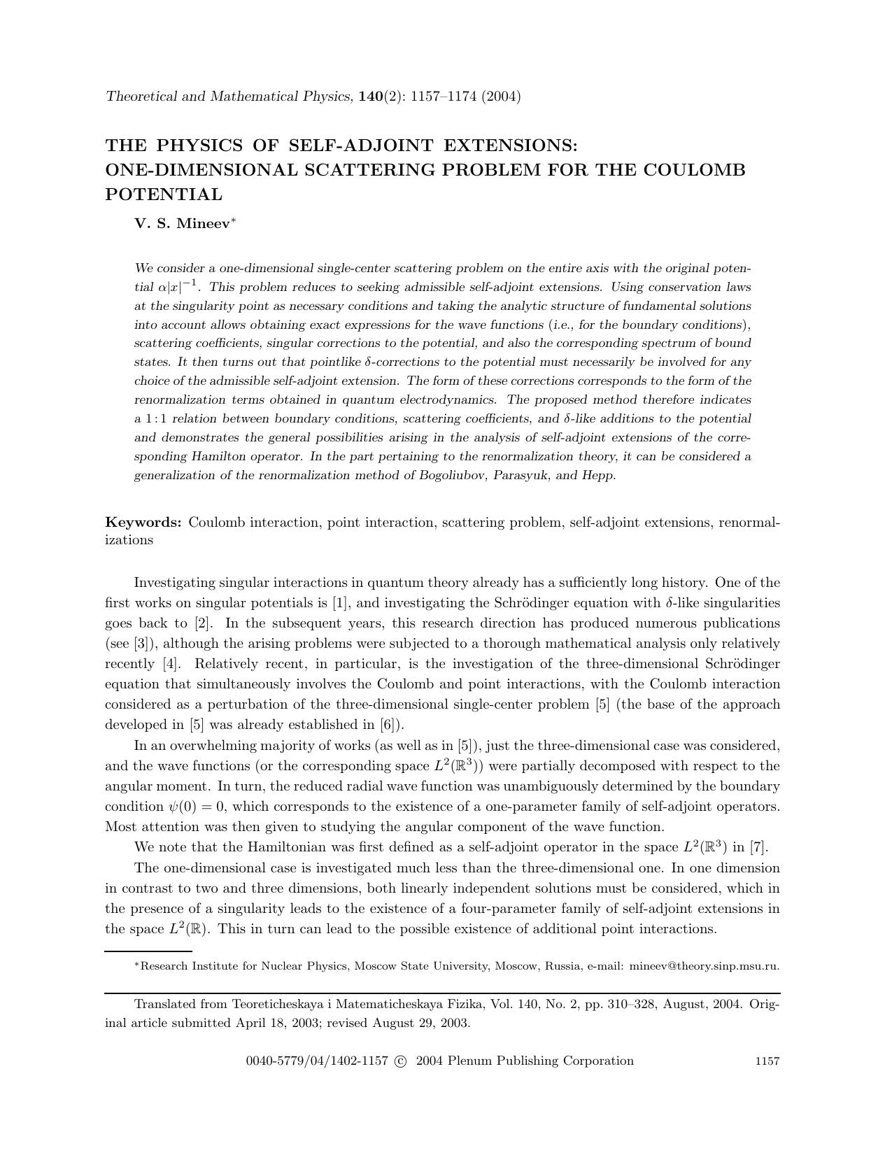 The Physics of Self-Adjoint Extensions: One-Dimensional Scattering Problem for the Coulomb Potential by Unknown