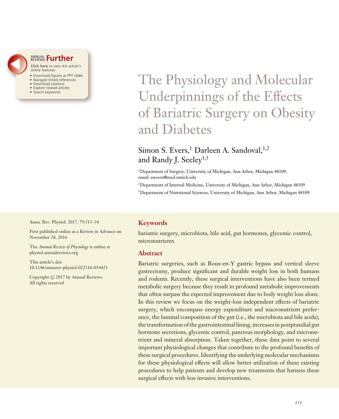 The Physiology and Molecular Underpinnings of the Effects of Bariatric Surgery on Obesity and Diabetes by Simon S. Evers Darleen A. Sandoval Randy J. Seeley