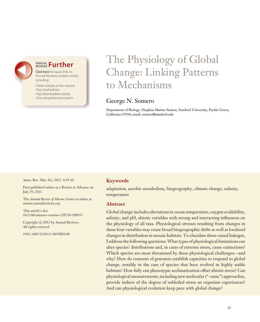 The Physiology of Global Change: Linking Patterns to Mechanisms by George N. Somero