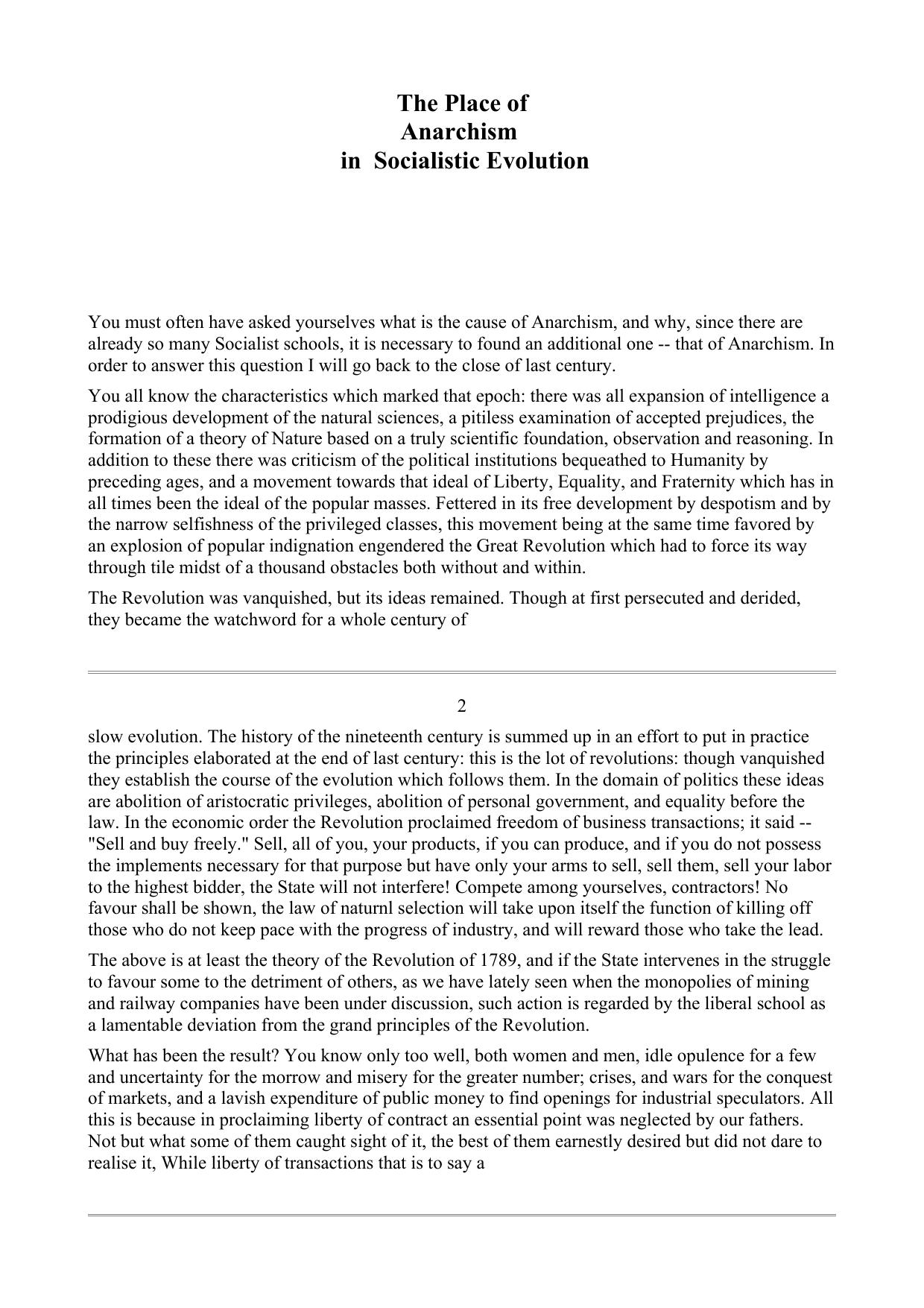 The Place of Anarchism in Socialistic Evolution by Peter Kropotkin