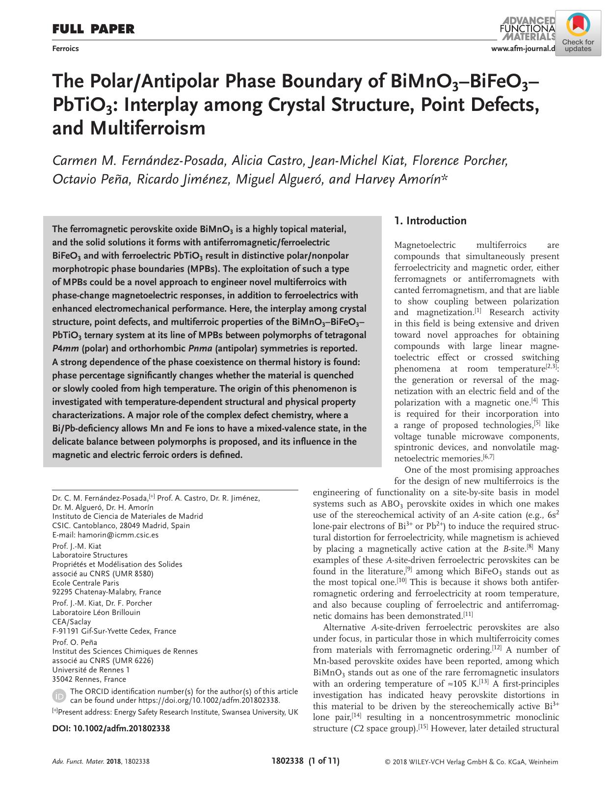 The PolarAntipolar Phase Boundary of BiMnO3âBiFeO3âPbTiO3: Interplay among Crystal Structure, Point Defects, and Multiferroism by Unknown