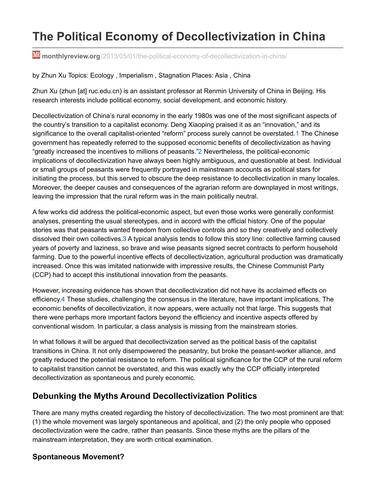 The Political Economy of Decollectivization in China by Political Economy of Decollectivization