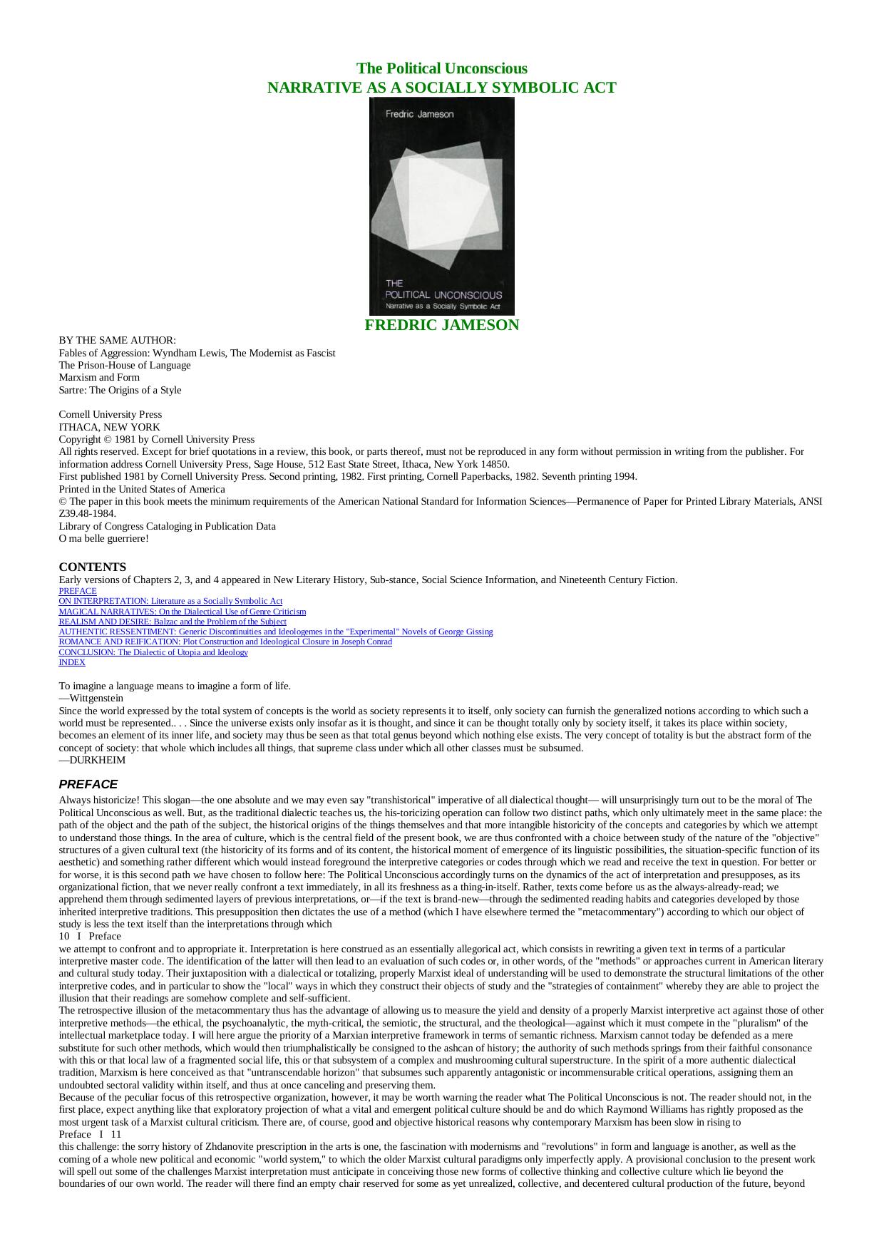 The Political Unconscious by Fredric Jameson