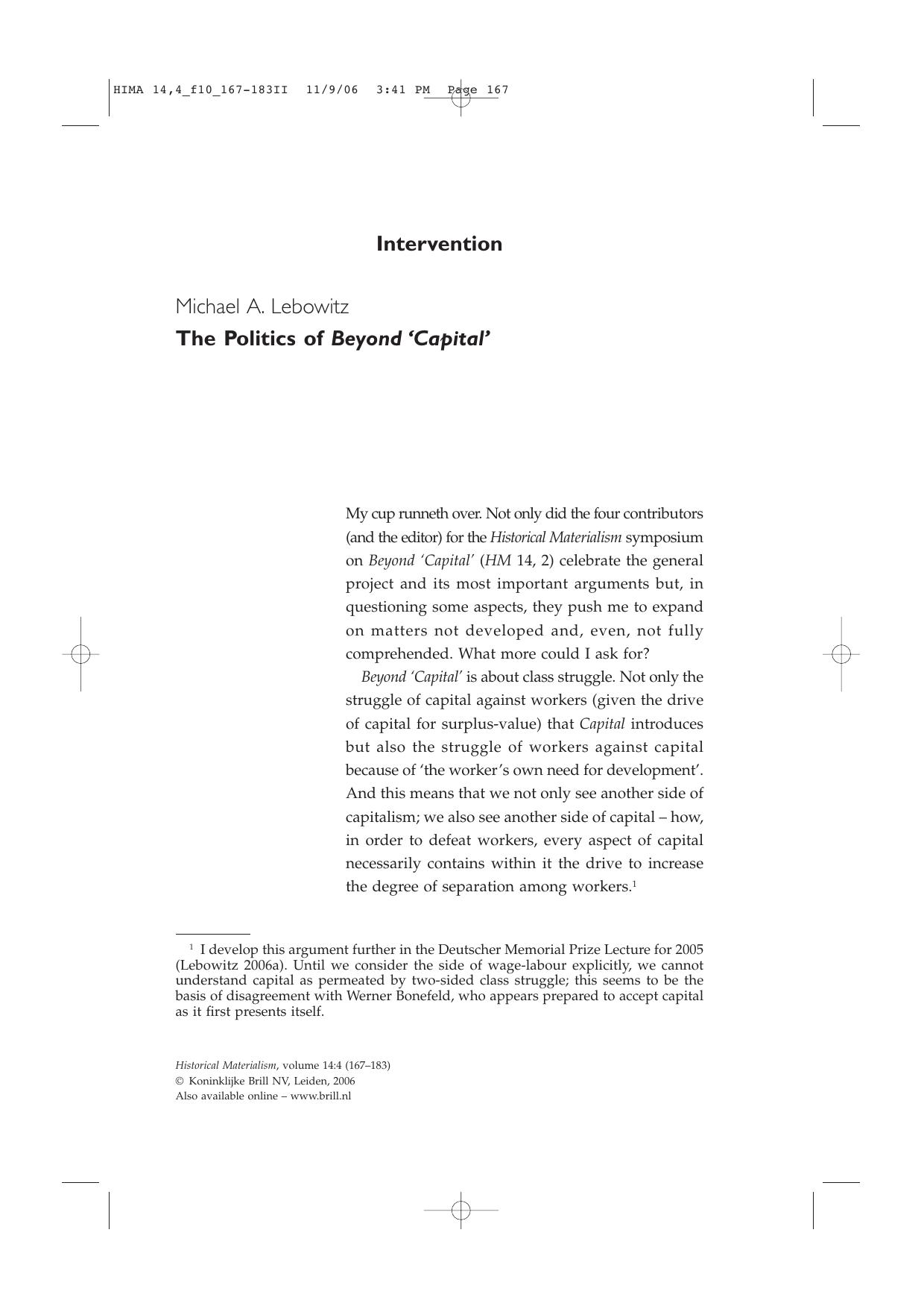 The Politics of <i>Beyond 'Capital'<i> by Michael A. Lebowitz