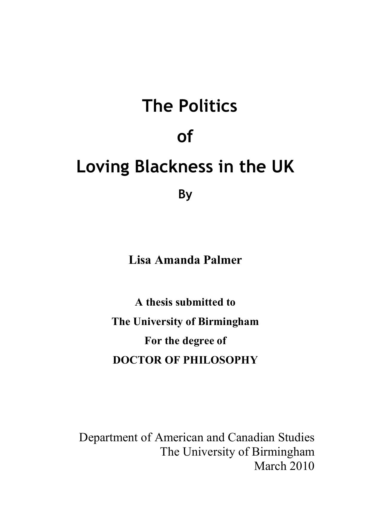 The Politics of Loving Blackness in the UK by Palmer Lisa Amanda