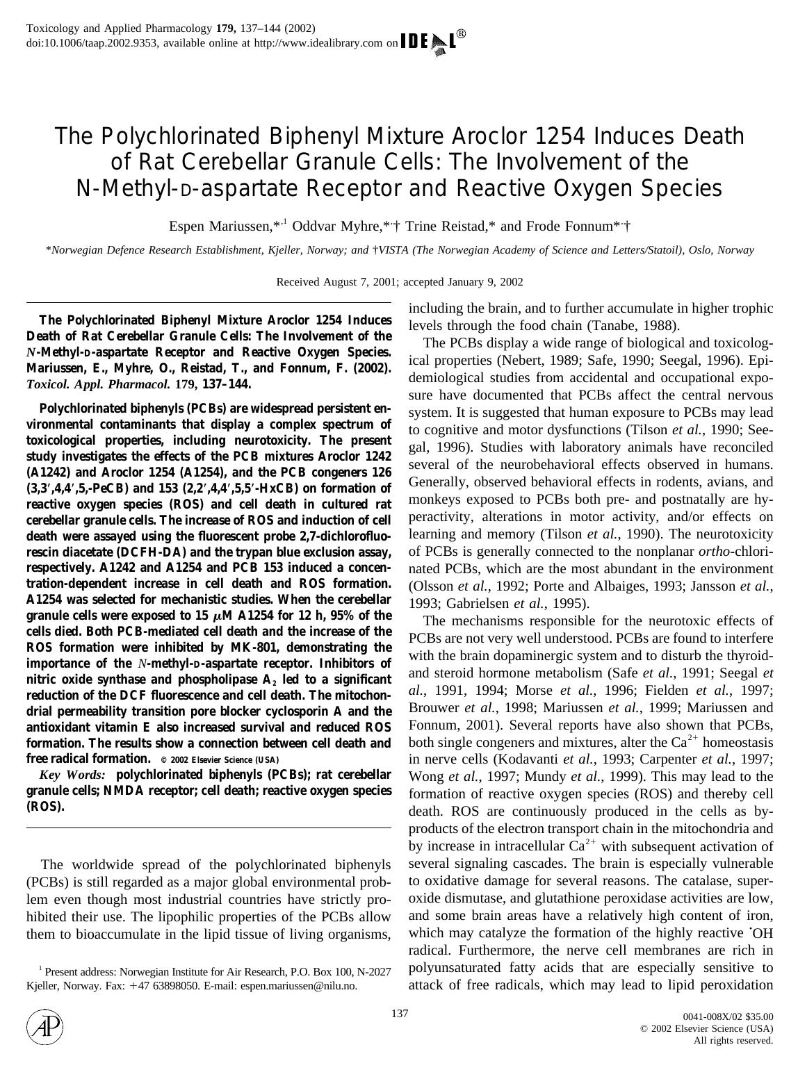 The Polychlorinated Biphenyl Mixture Aroclor 1254 Induces Death of Rat Cerebellar Granule Cells: The Involvement of the N-Methyl-d-aspartate Receptor and Reactive Oxygen Species by Mariussen E. et al