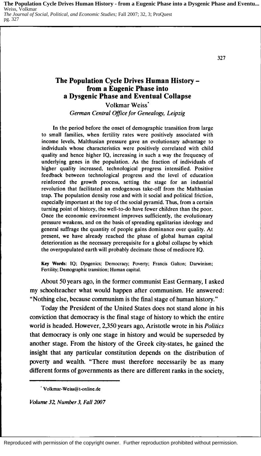 The Population Cycle Drives Human History â from a Eugenic Phase into a Dysgenic Phase and Eventual Collapse (2007) by Volkmar Weiss by Unknown