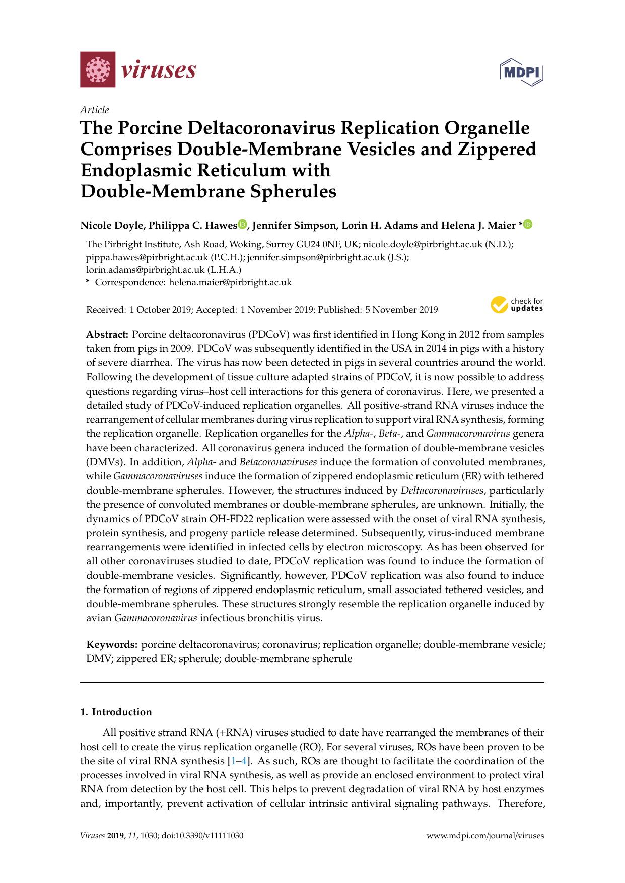 The Porcine Deltacoronavirus Replication Organelle Comprises Double-Membrane Vesicles and Zippered Endoplasmic Reticulum with Double-Membrane Spherules by Nicole Doyle Philippa C. Hawes Jennifer Simpson Lorin H. Adams & Helena J. Maier