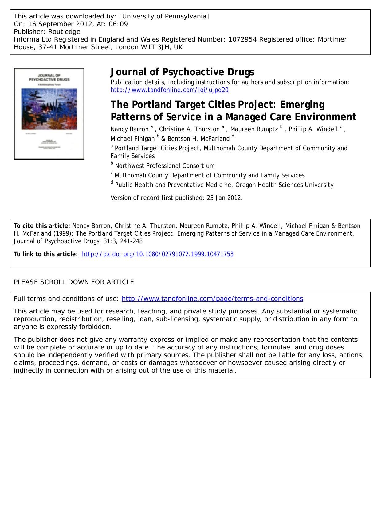 The Portland Target Cities Project: Emerging Patterns of Service in a Managed Care Environment by unknow