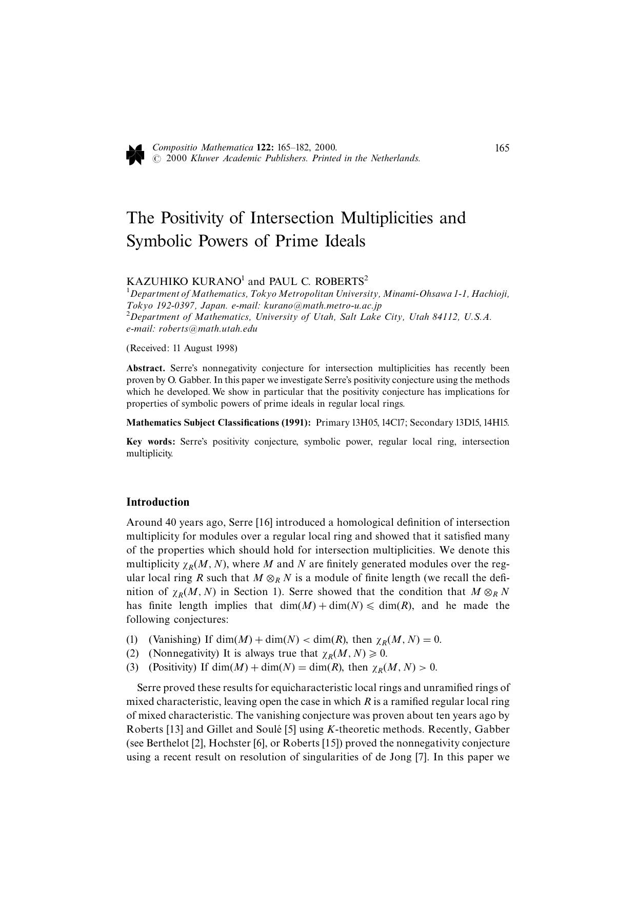 The Positivity of Intersection Multiplicities and Symbolic Powers of Prime Ideals by Unknown