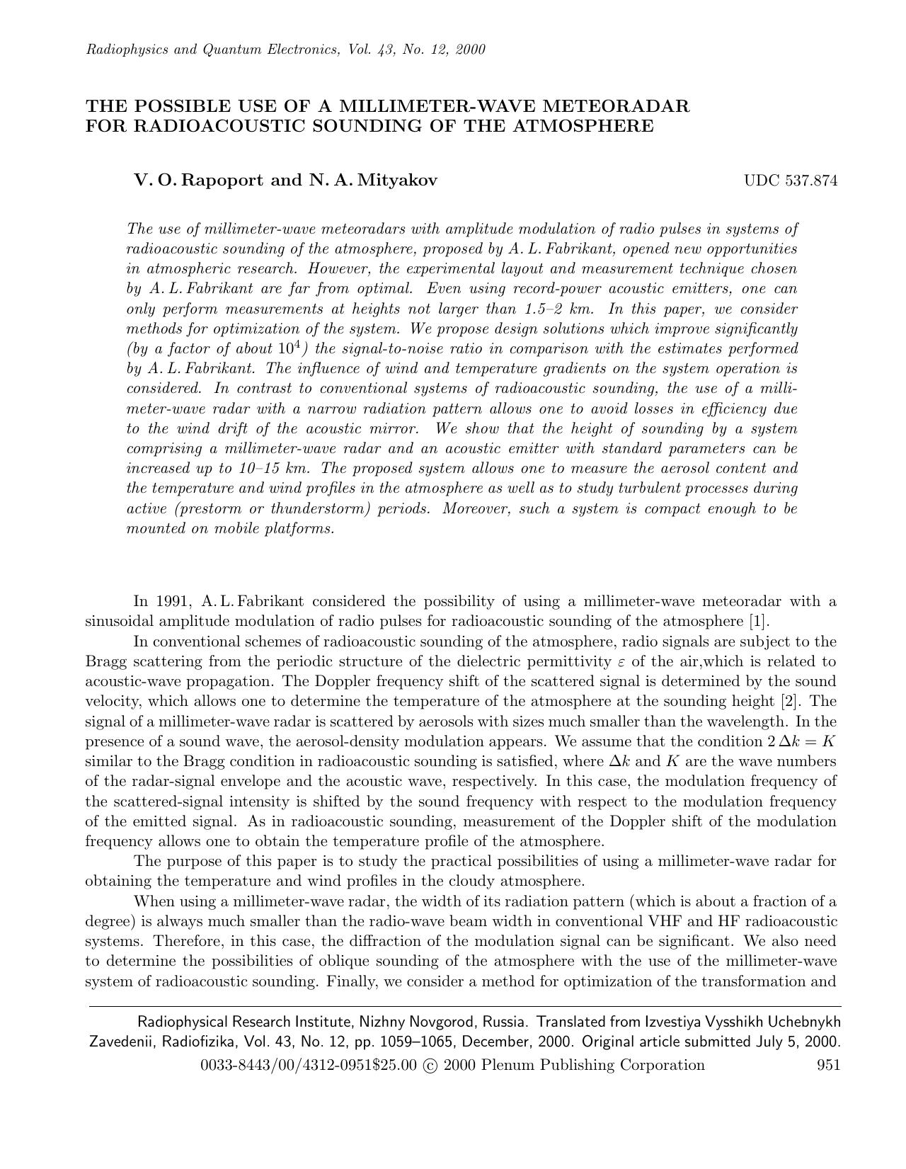 The Possible Use of a Millimeter-Wave Meteoradar for Radioacoustic Sounding of the Atmosphere by Unknown