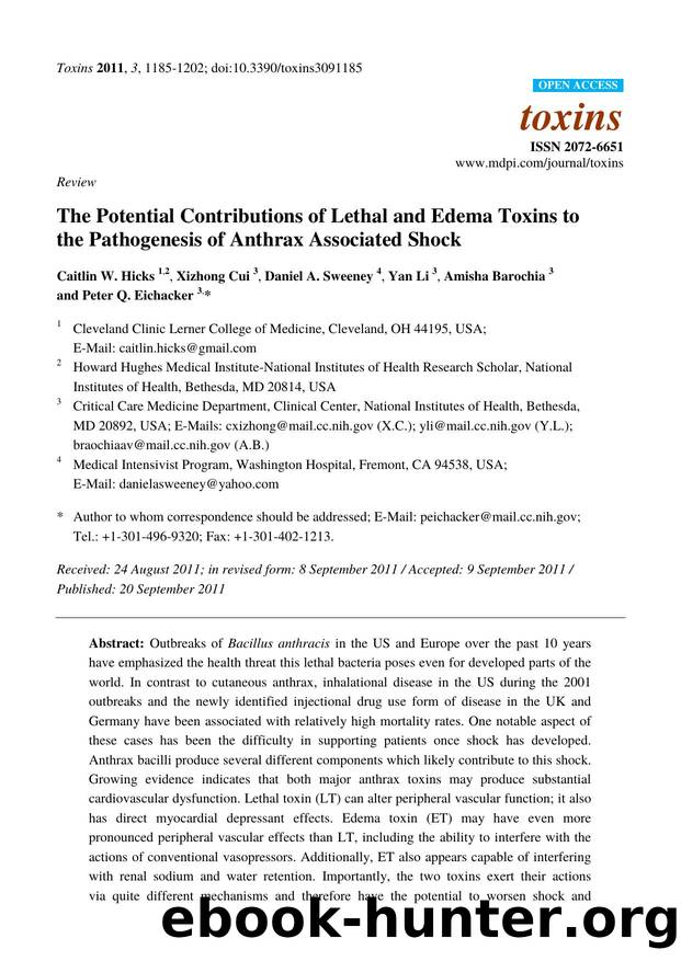 The Potential Contributions of Lethal and Edema Toxins to the Pathogenesis of Anthrax Associated Shock by Caitlin W. Hicks & Xizhong Cui & Daniel A. Sweeney & Yan Li & Amisha Barochia and Peter Q. Eichacker
