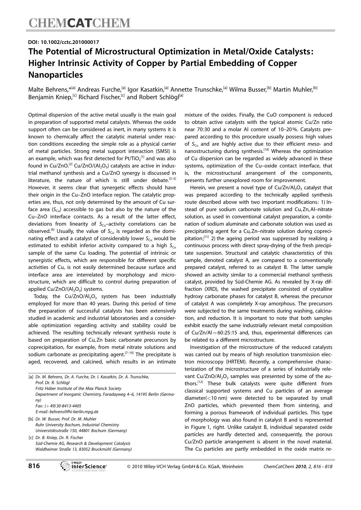 The Potential of Microstructural Optimization in MetalOxide Catalysts: Higher Intrinsic Activity of Copper by Partial Embedding of Copper Nanoparticles by Unknown