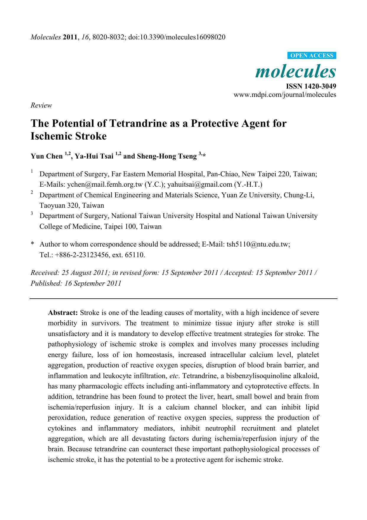 The Potential of Tetrandrine as a Protective Agent for Ischemic Stroke by Yun Chen & Ya-Hui Tsai & Sheng-Hong Tseng