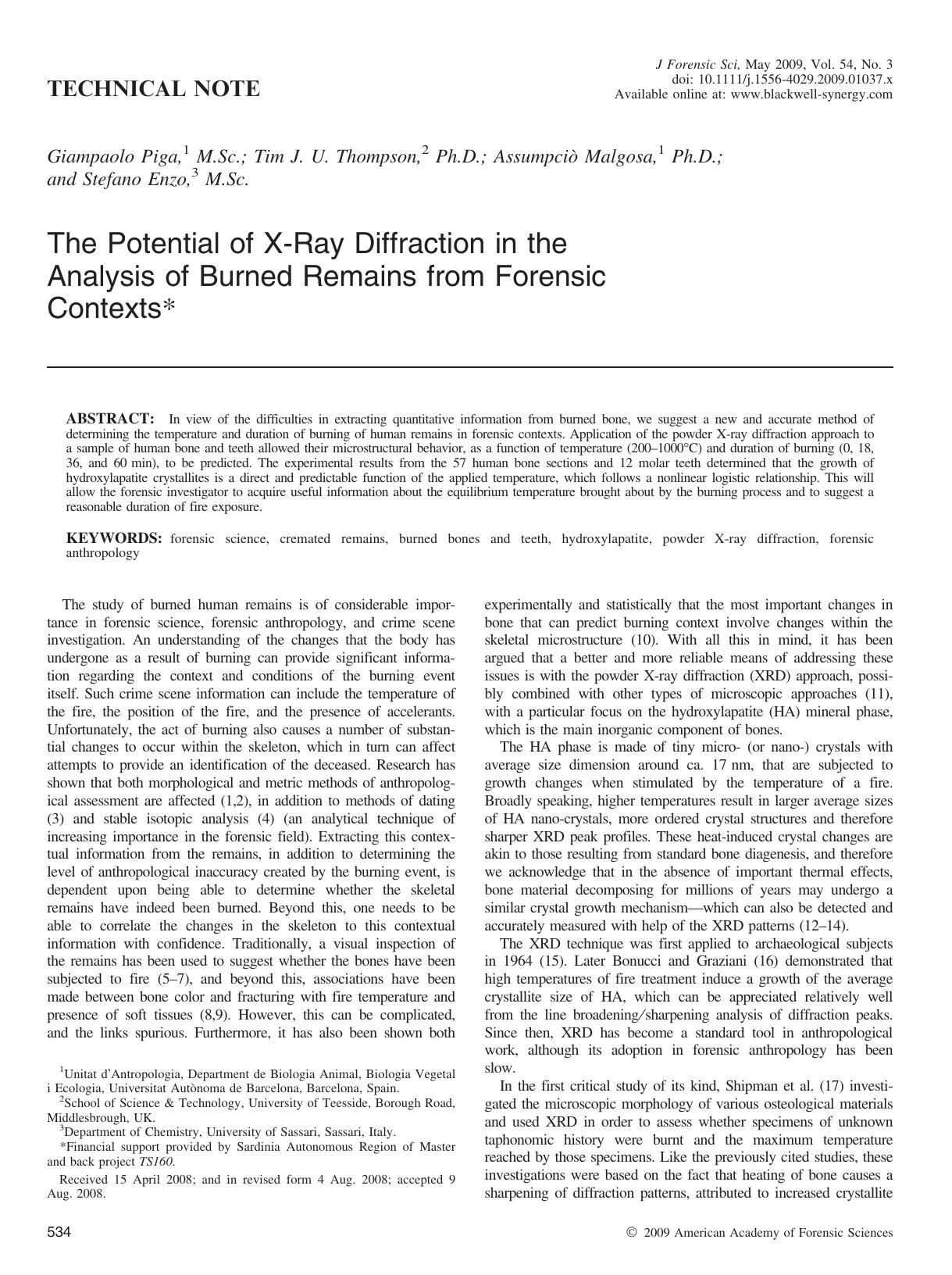 The Potential of X-Ray Diffraction in the Analysis of Burned Remains from Forensic Contexts* by Unknown