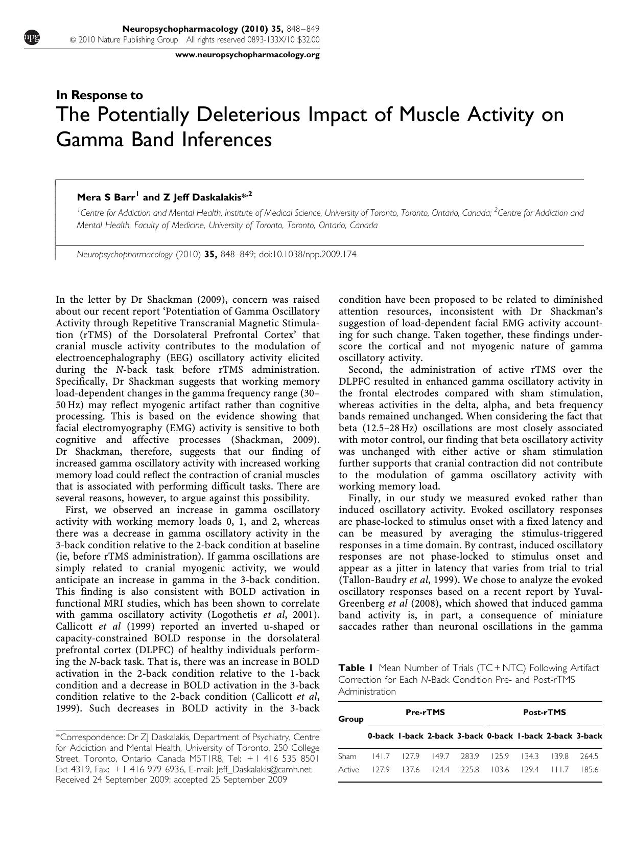 The Potentially Deleterious Impact of Muscle Activity on Gamma Band Inferences by Mera S Barr & Z Jeff Daskalakis