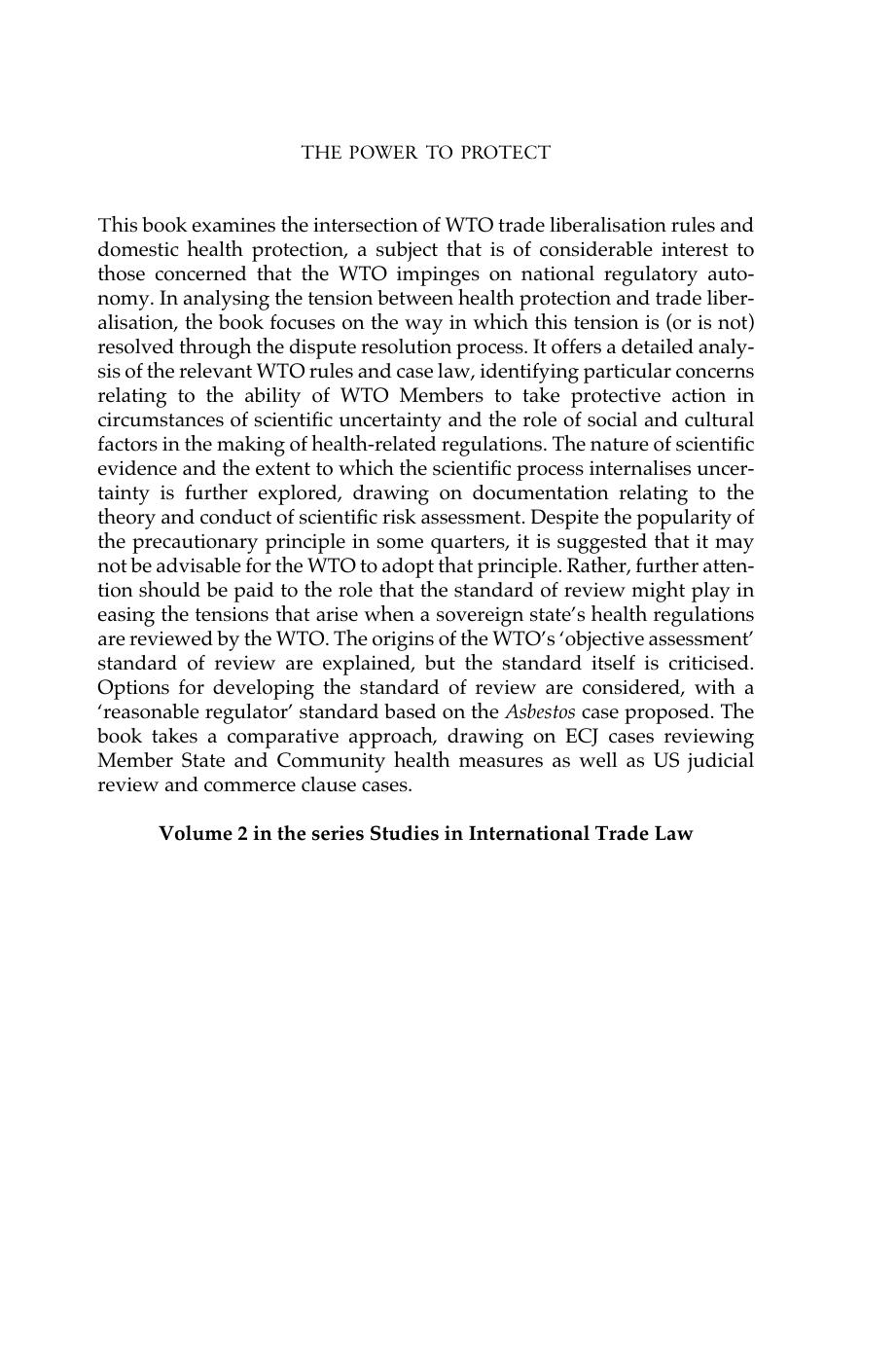 The Power To Protect: Trade, Health And Uncertainty In The WTO (Studies in International Trade Law) by Catherine Button