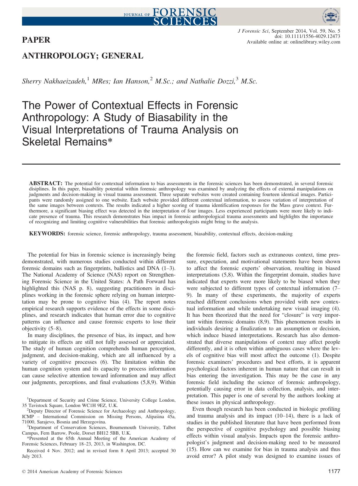 The Power of Contextual Effects in Forensic Anthropology: A Study of Biasability in the Visual Interpretations of Trauma Analysis on Skeletal Remains by Unknown