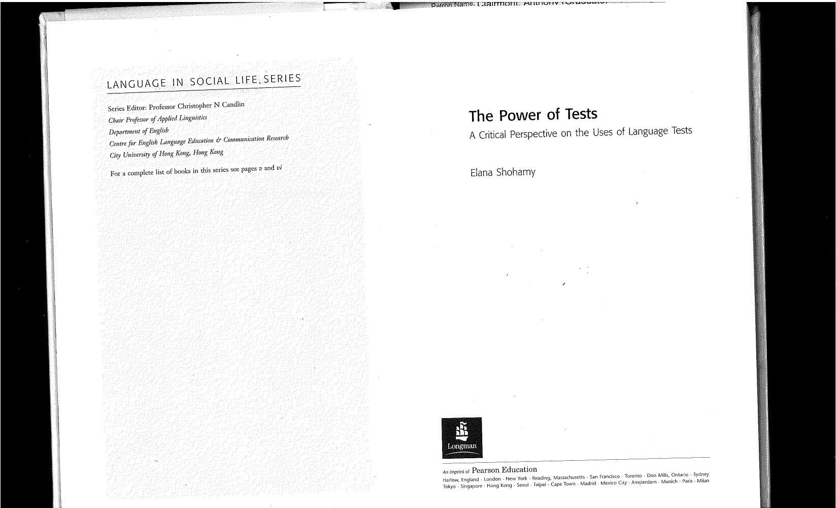 The Power of Tests by Elana (Professor Of Language Education University Of Tel-Aviv Israel) Shohamy