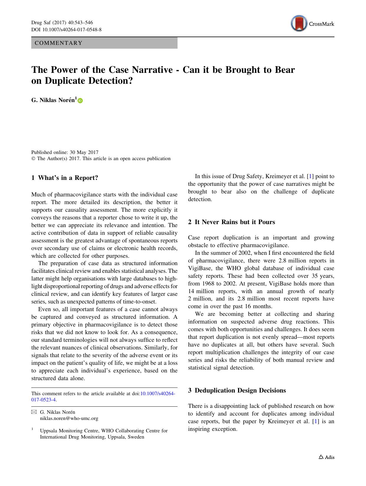 The Power of the Case Narrative - Can it be Brought to Bear on Duplicate Detection? by G. Niklas Norén