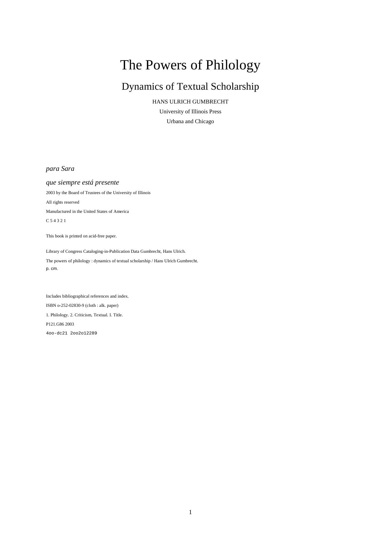 The Powers of Philology: Dynamics of Textual Scholarship by Hans Ulrich Gumbrecht