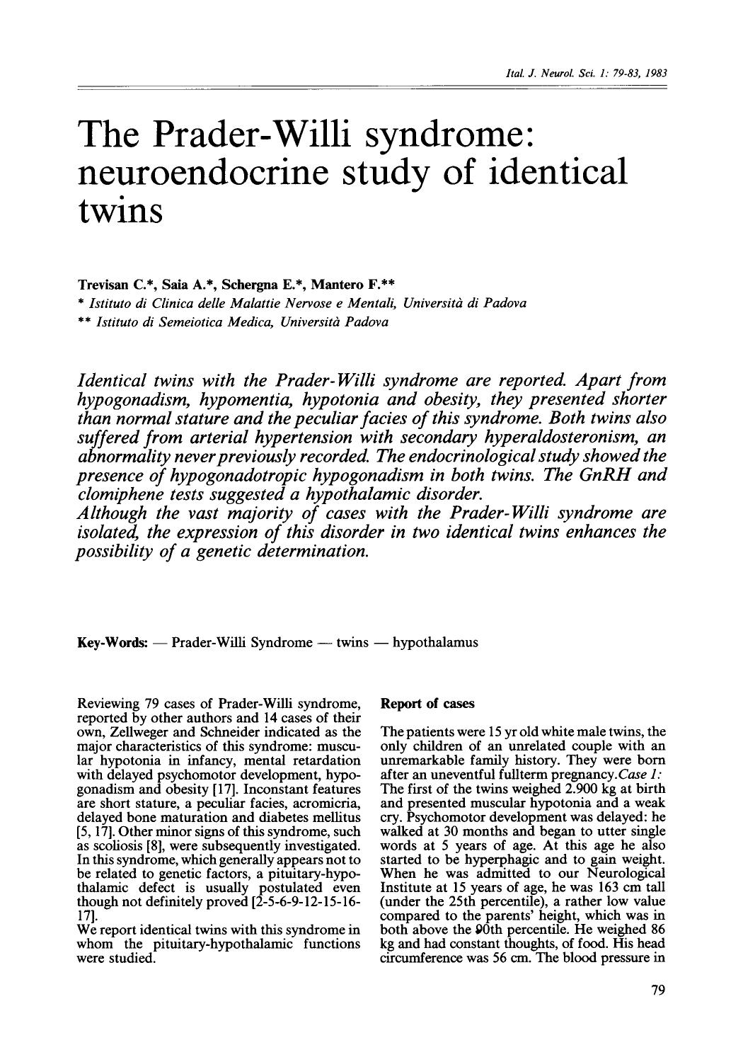 The Prader-Willi syndrome: Neuroendocrine study of identical twins by Unknown